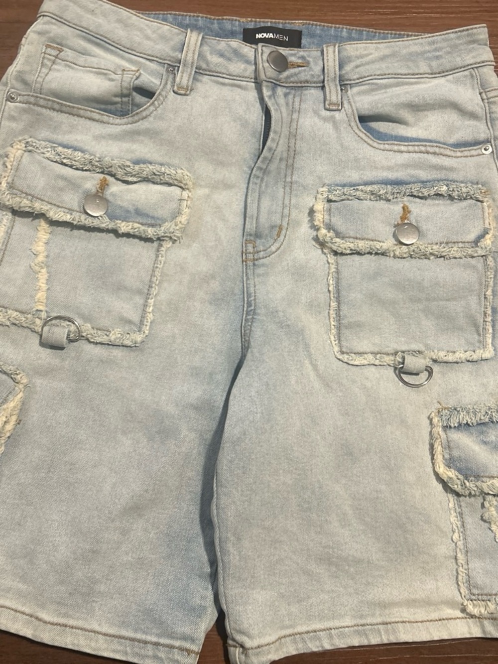 Fashion Nova Light Wash Cargo Jean Shorts with Frayed Flap Pockets